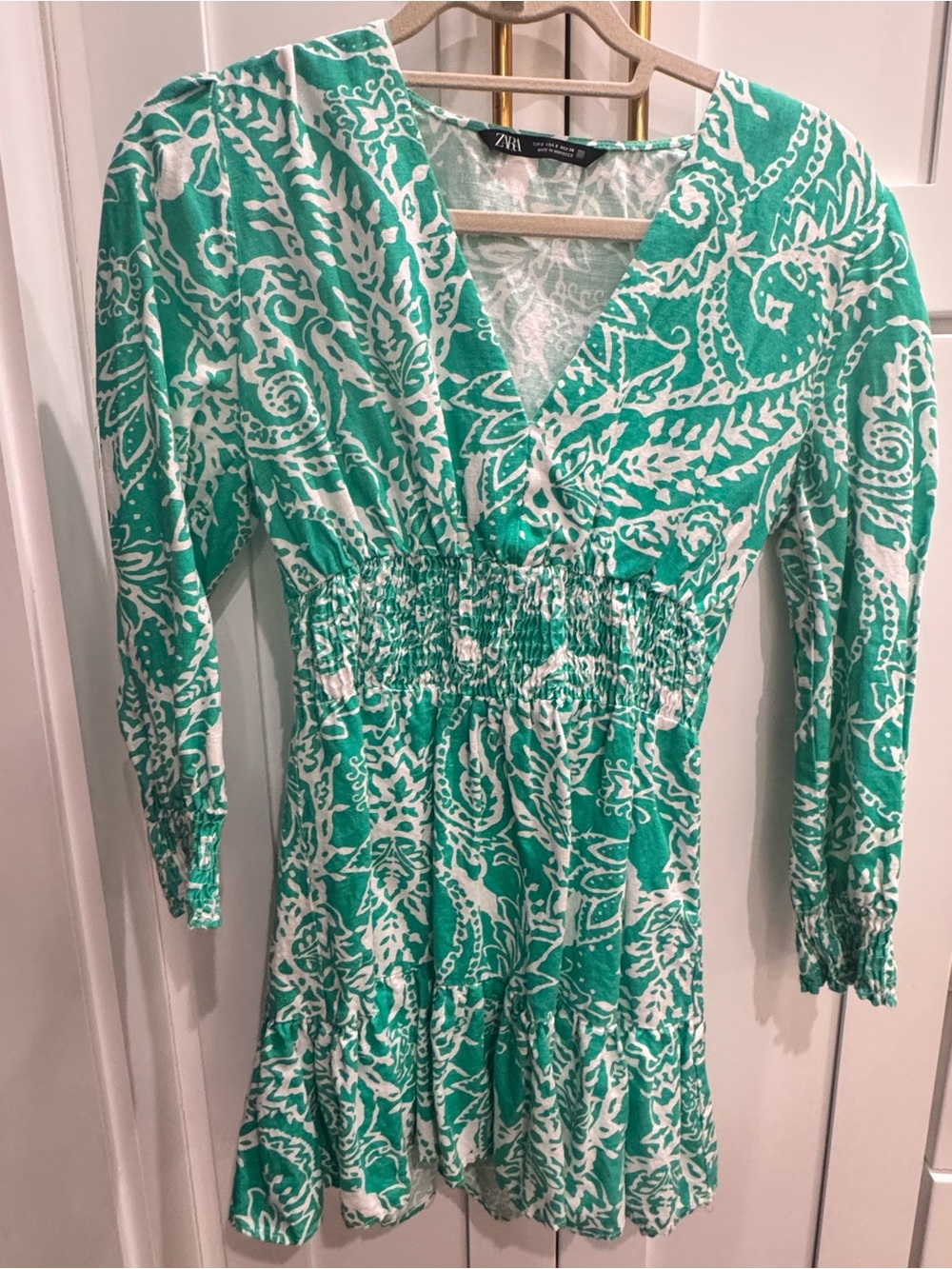 Zara Green & White Printed Long-Sleeve V-Neck Smocked Waist Dress